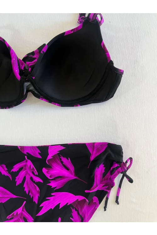 Kadın Siyah Mor Taş İşlemeli Büyük Beden Bikini Takım HZL25S-LC3337