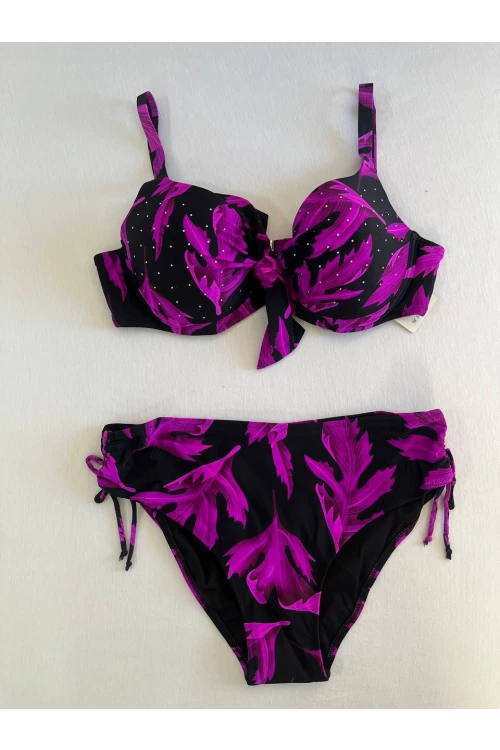 Kadın Siyah Mor Taş İşlemeli Büyük Beden Bikini Takım HZL25S-LC3337