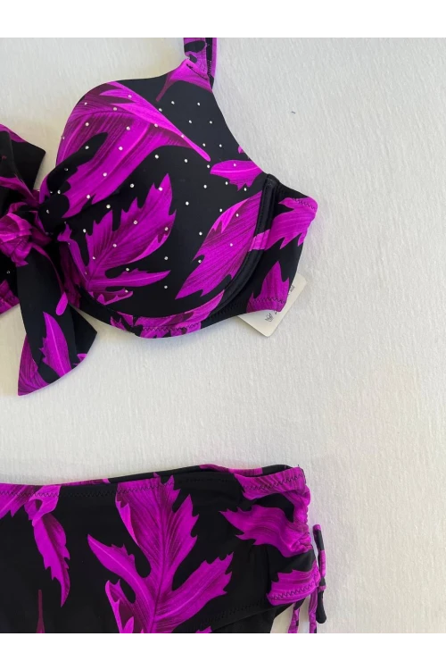 Kadın Siyah Mor Taş İşlemeli Büyük Beden Bikini Takım HZL25S-LC3337