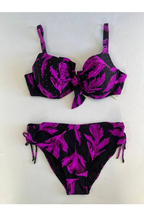 Kadın Siyah Mor Taş İşlemeli Büyük Beden Bikini Takım HZL25S-LC3337