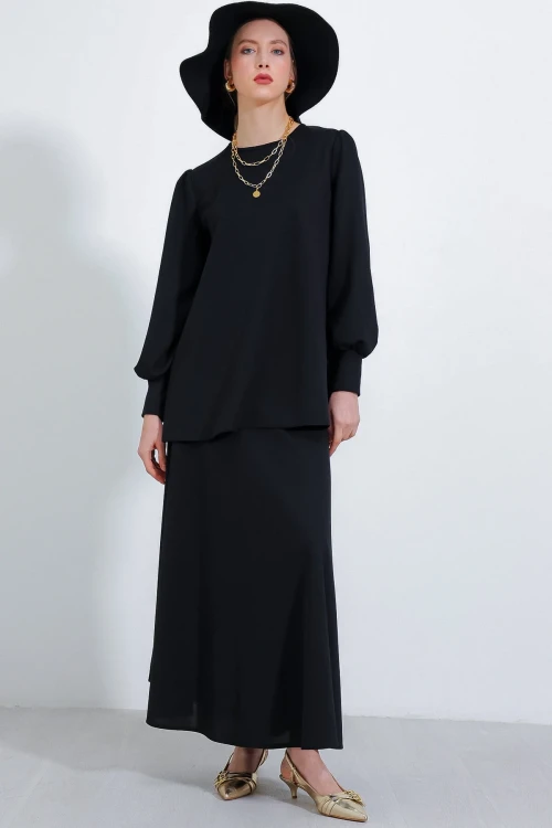 Kadın Siyah Örme Etek Tunik Alt Üst Takım HZL25S-BD180141