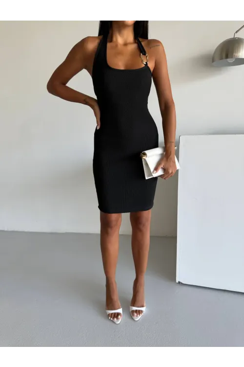 Kadın Siyah Ottoman Kumaş Halter Yaka Toka Detay Elbise HZL26W-FRY123411