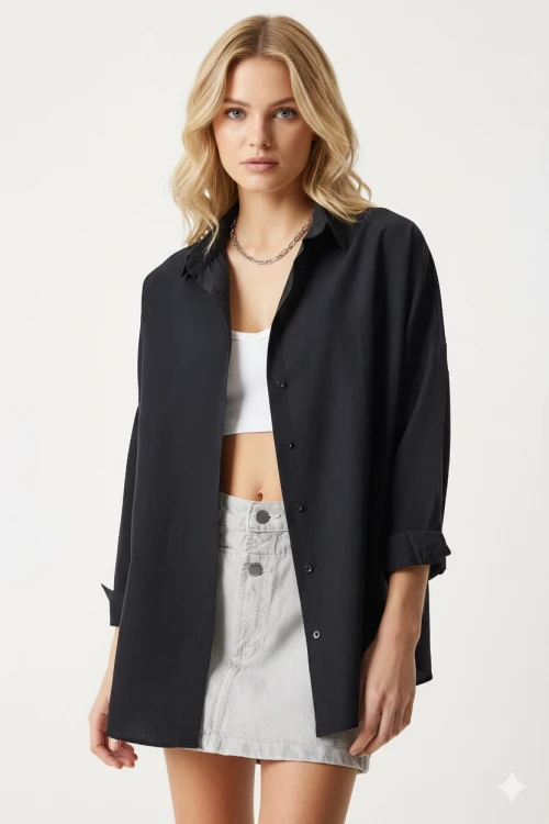 Kadın Siyah Oversize Uzun Basic Gömlek HZL22W-BD139001