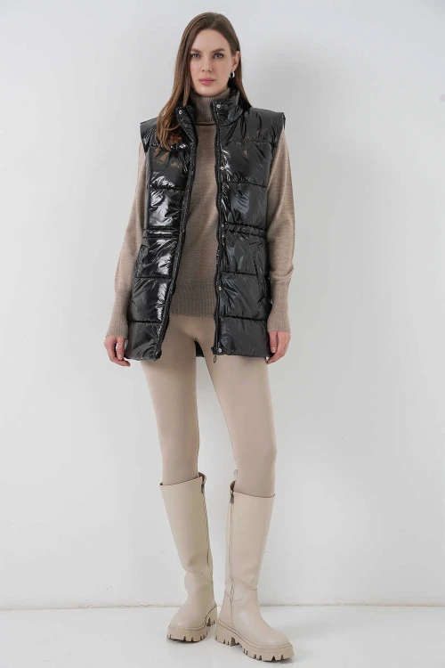 Kadın Siyah Parlak Astarlı Şişme Yelek HZL25W-BD152181