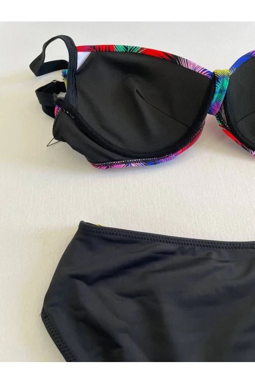 Kadın Siyah Sarı Kırmızı Çok Renk Desenli  Astarlı Büyük Beden Bikini Takımı HZL25S-LC06