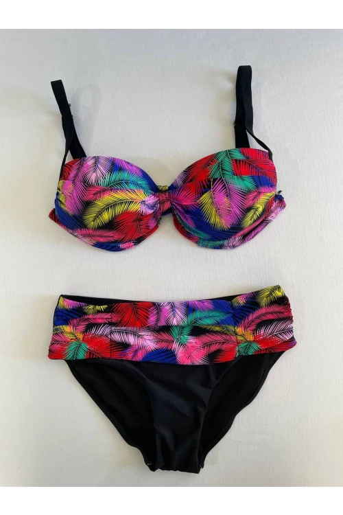 Kadın Siyah Sarı Kırmızı Çok Renk Desenli  Astarlı Büyük Beden Bikini Takımı HZL25S-LC06