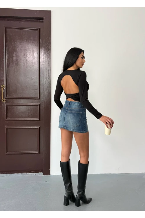 Kadın Siyah Sırt Dekolteli  Uzun Kollu Sandy Bluz HZL25W-FRY123381