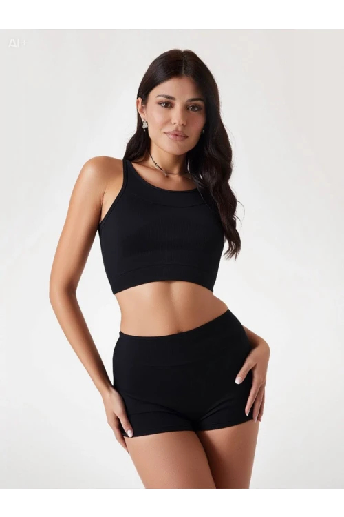 Kadın Siyah Şortlu Büstiyerli Parlak Kumaş Yüzücü Bikini Takım HZL23S-AR17541