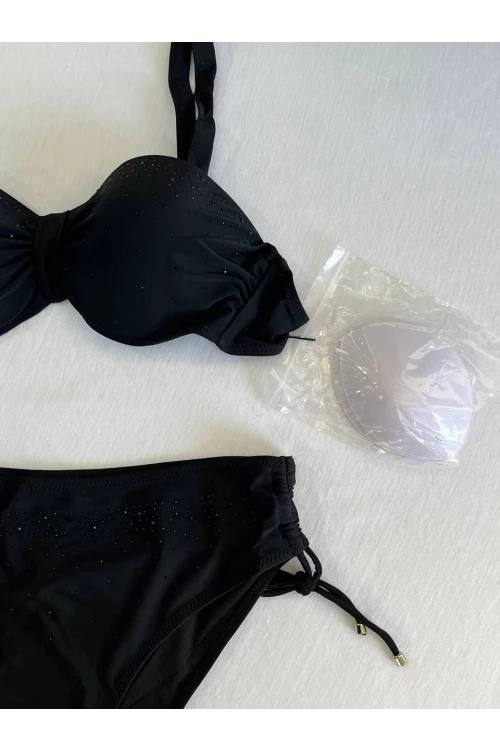 Kadın Siyah Taş İşlemeli Astarlı Bikini Takım HZL25S-LC3361