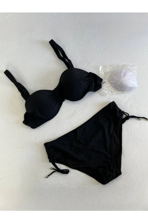 Kadın Siyah Taş İşlemeli Astarlı Bikini Takım HZL25S-LC3361