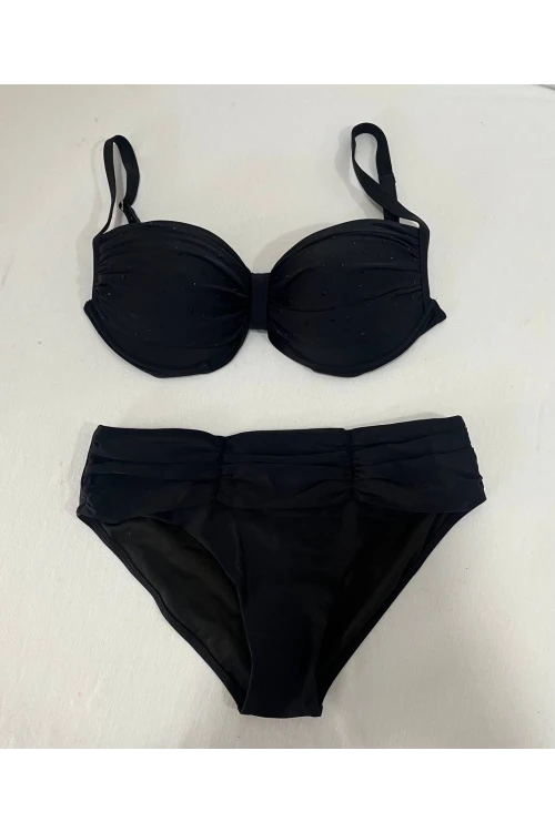 Kadın Siyah Taş İşlemeli Astarlı Büyük Beden Bikini Takımı HZL25S-LC01