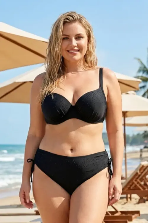 Kadın Siyah Taş İşlemeli Astarlı Büyük Beden Bikini Takımı HZL25S-LC2099