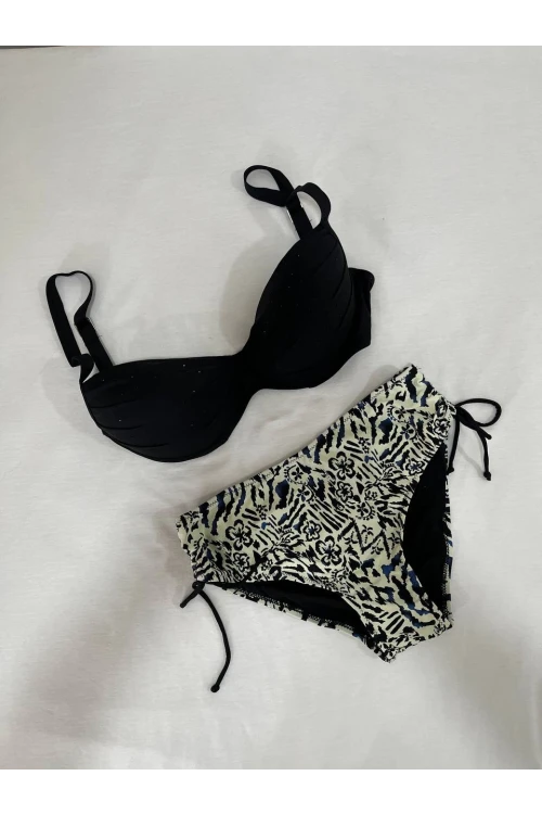 Kadın Siyah Taş İşlemeli Bej Desenli Astarlı Büyük Beden Bikini Takımı HZL25S-LC3351