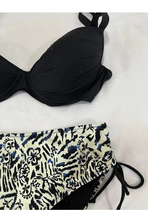 Kadın Siyah Taş İşlemeli Bej Desenli Astarlı Büyük Beden Bikini Takımı HZL25S-LC3351