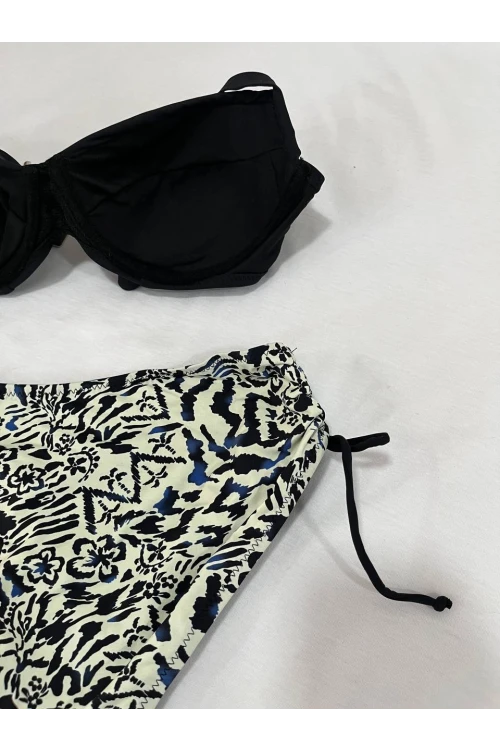 Kadın Siyah Taş İşlemeli Bej Desenli Astarlı Büyük Beden Bikini Takımı HZL25S-LC3351
