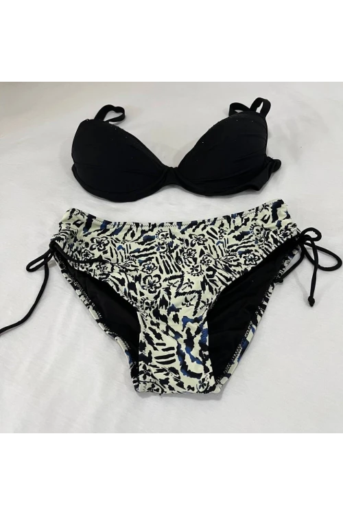 Kadın Siyah Taş İşlemeli Bej Desenli Astarlı Büyük Beden Bikini Takımı HZL25S-LC3351