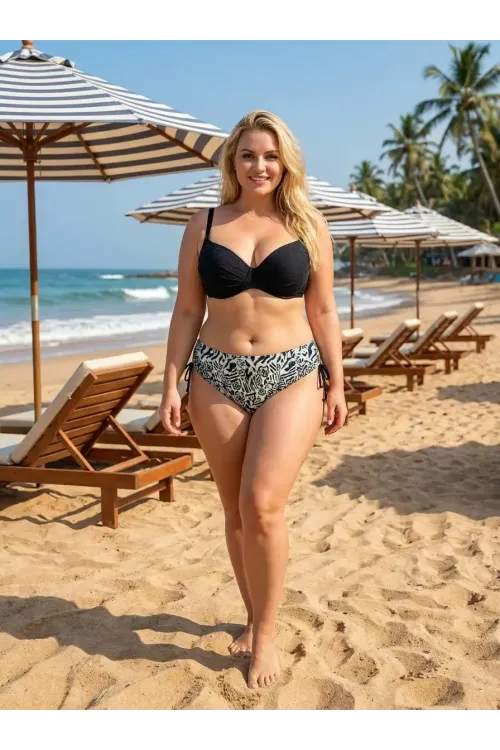 Kadın Siyah Taş İşlemeli Bej Desenli Astarlı Büyük Beden Bikini Takımı HZL25S-LC3351