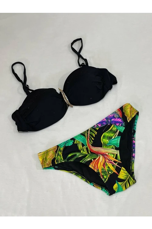 Kadın Siyah Taş İşlemeli Toka Aksesuarlı Astarlı Bikini Takım HZL25S-LC208