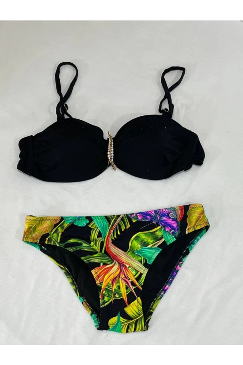 Kadın Siyah Taş İşlemeli Toka Aksesuarlı Astarlı Bikini Takım HZL25S-LC208