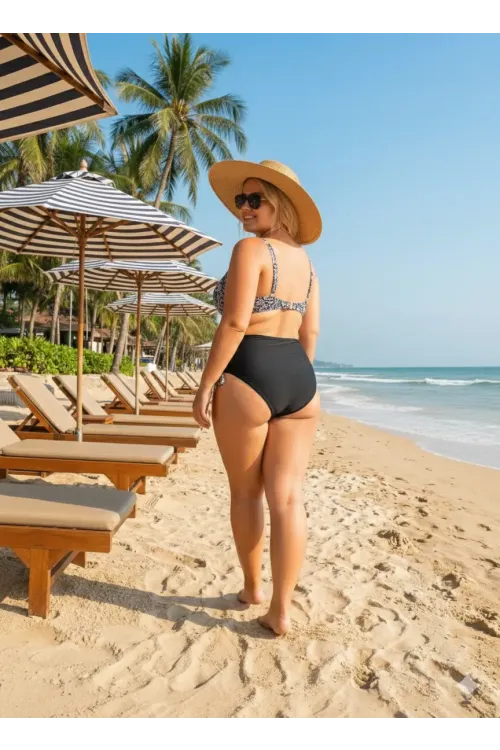 Kadın Siyah Taş İşlemeli Toka Aksesuarlı Büyük Beden Bikini Takım HZL25S-LC3311