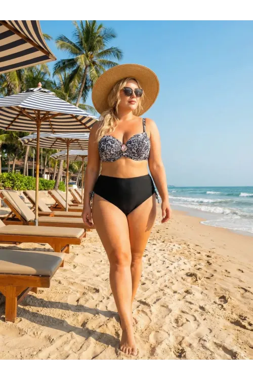 Kadın Siyah Taş İşlemeli Toka Aksesuarlı Büyük Beden Bikini Takım HZL25S-LC3311