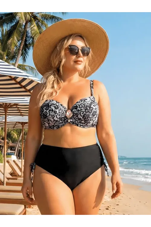 Kadın Siyah Taş İşlemeli Toka Aksesuarlı Büyük Beden Bikini Takım HZL25S-LC3311