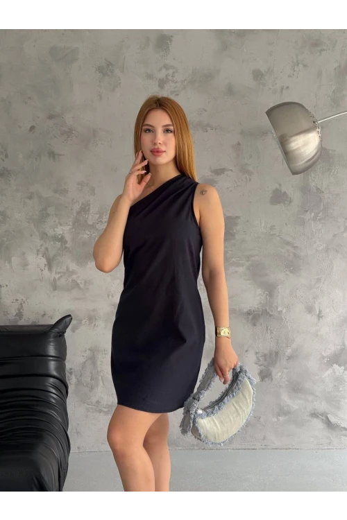 Kadın Siyah Tek Omuz Mini Elbise HZL25S-FRY121791