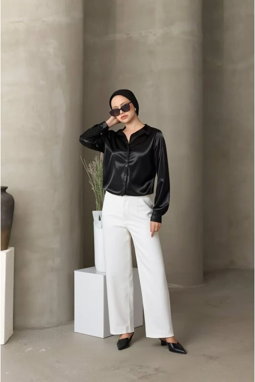 Kadın Siyah Tesettür Küçük ve Büyük Bedenler Hafif Dökümlü Saten Yüzeyli Gömlek HZL25W-BD139641