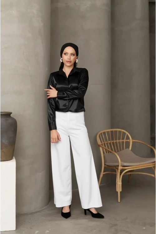 Kadın Siyah Tesettür Küçük ve Büyük Bedenler Hafif Dökümlü Saten Yüzeyli Gömlek HZL25W-BD139641