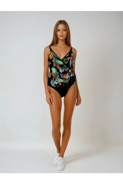 Kadın Siyah Tüy Desen V Yaka Yandan İp Büzgülü Mayo HZL25S-LC4007