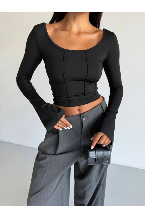 Kadın Siyah Uzun Kollu Arkası Bağlamalı Fit Kesim Crop Bluz HZL25W-FRY122771