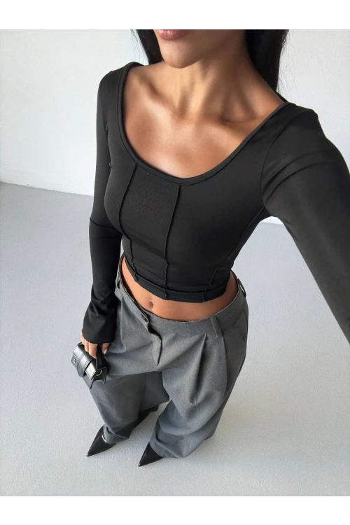 Kadın Siyah Uzun Kollu Arkası Bağlamalı Fit Kesim Crop Bluz HZL25W-FRY122771