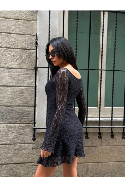 Kadın Siyah Uzun Kollu Dantel Detay Astarlı Kloş Elbise HZL25W-FRY123531