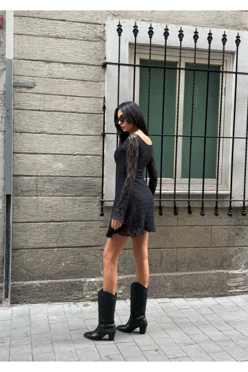 Kadın Siyah Uzun Kollu Dantel Detay Astarlı Kloş Elbise HZL25W-FRY123531