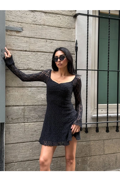 Kadın Siyah Uzun Kollu Dantel Detay Astarlı Kloş Elbise HZL25W-FRY123531