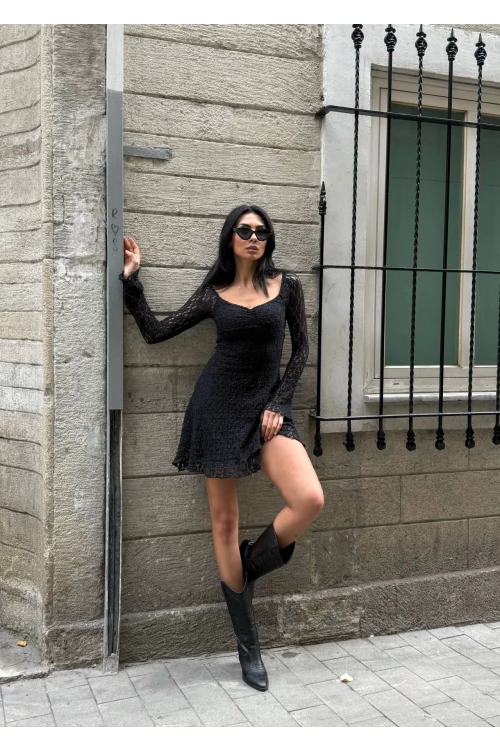 Kadın Siyah Uzun Kollu Dantel Detay Astarlı Kloş Elbise HZL25W-FRY123531