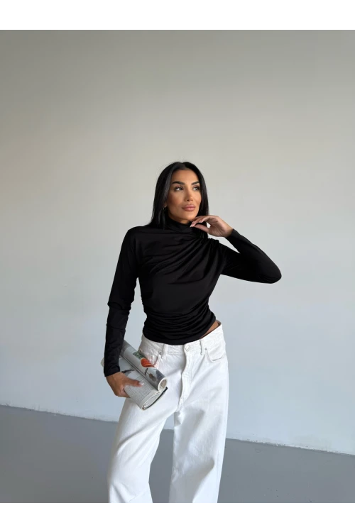 Kadın Siyah Uzun Kollu Drape Detaylı Boğazlı Sandy Bluz HZL25W-FRY123301