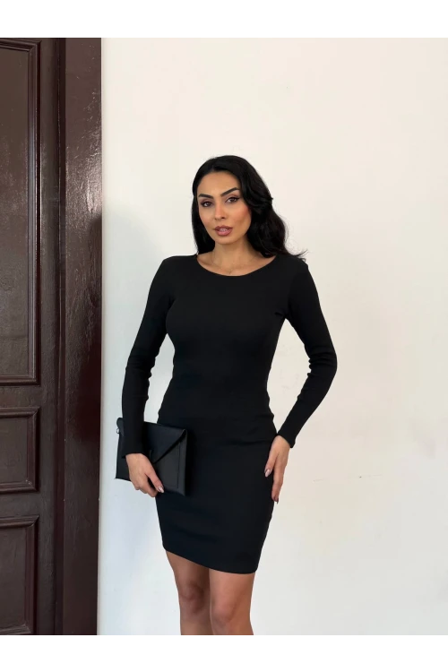 Kadın Siyah Uzun Kollu İp Bağlamalı Sırt Dekolteli Kaşkorse Mini Elbise HZL25W-FRY120411