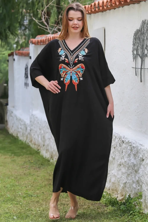 Kadın Siyah V Yaka Yarasa Kol Gizli Cepli Yırtmaçlı Viskon Elbise HZL25S-VM10461