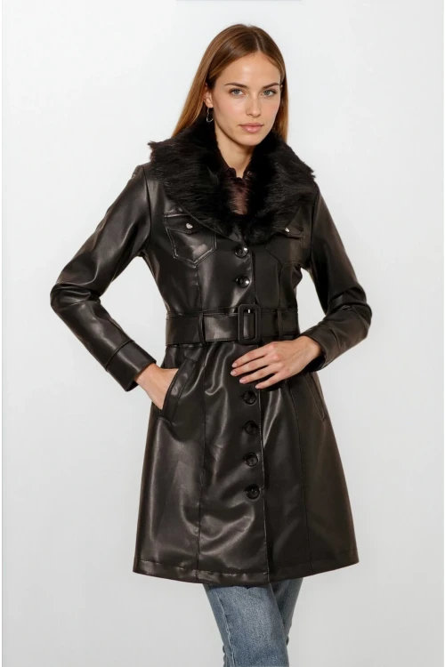 Kadın Siyah Yakası Kürklü Beli Kemerli  İçi Astarlı Suni Deri Mont HZL24W-BD110261