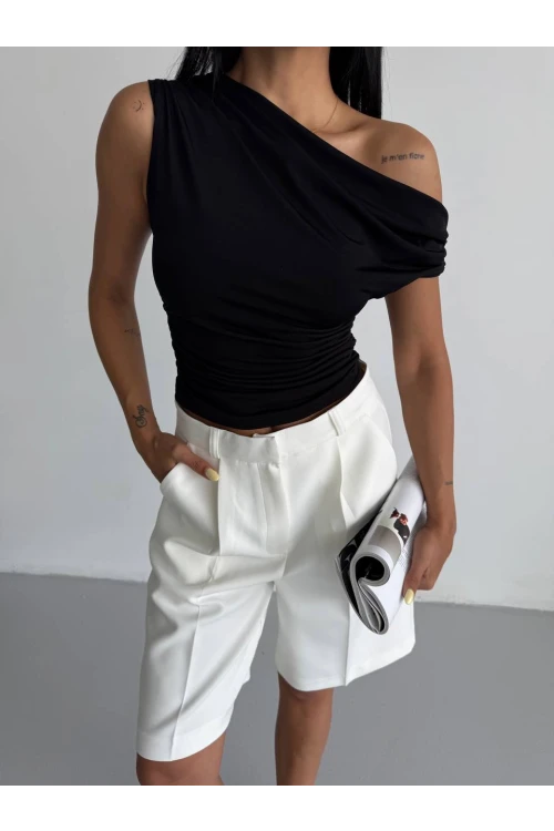 Kadın Siyah Yandan Drapeli Kayık Yaka Sandy Bluz HZL25S-FRY123201