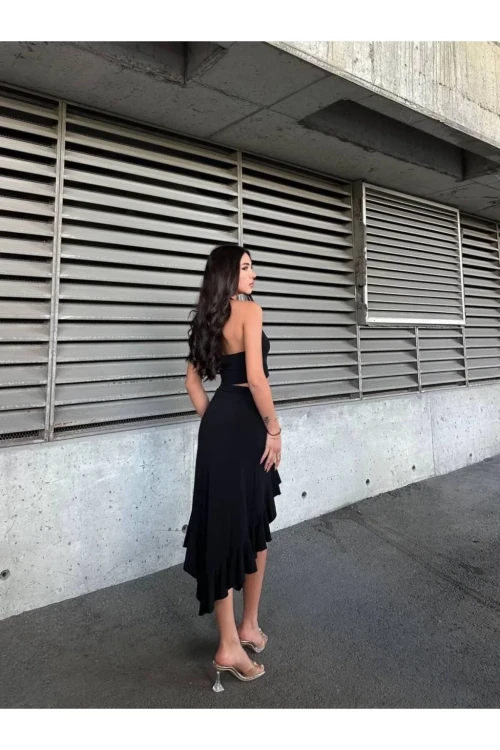 Kadın Siyah Yüksel Bel Dalgıç Kumaş Asimetrik Kesim Etek HZL25S-ZK11701