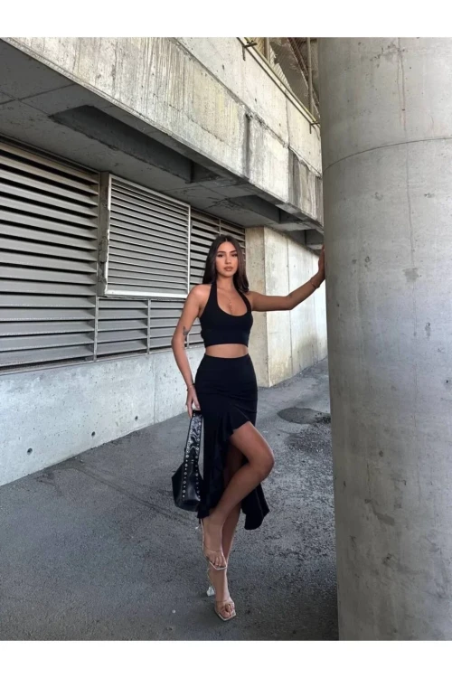 Kadın Siyah Yüksel Bel Dalgıç Kumaş Asimetrik Kesim Etek HZL25S-ZK11701