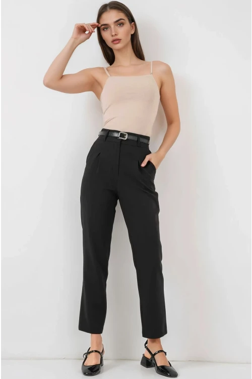Kadın Siyah Yüksel Bel Kemerli Kumaş Pantolon HZL25S-BD167251