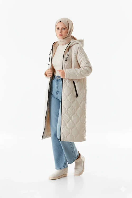 Kadın Tesettür Ekru Kapüşonlu Kapitone Uzun Şişme Mont HZL26W-BD151771