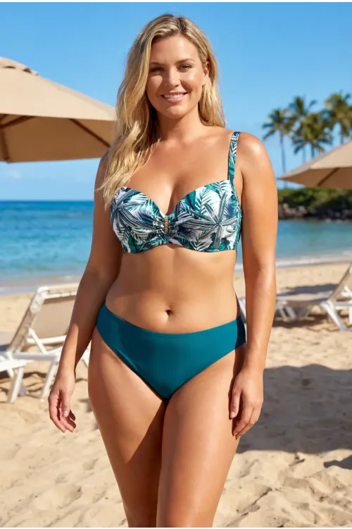 Kadın Turkuaz Desenli Yüksel Bel Astarlı Büyük Beden Bikini Takımı HZL25S-LC24200-1