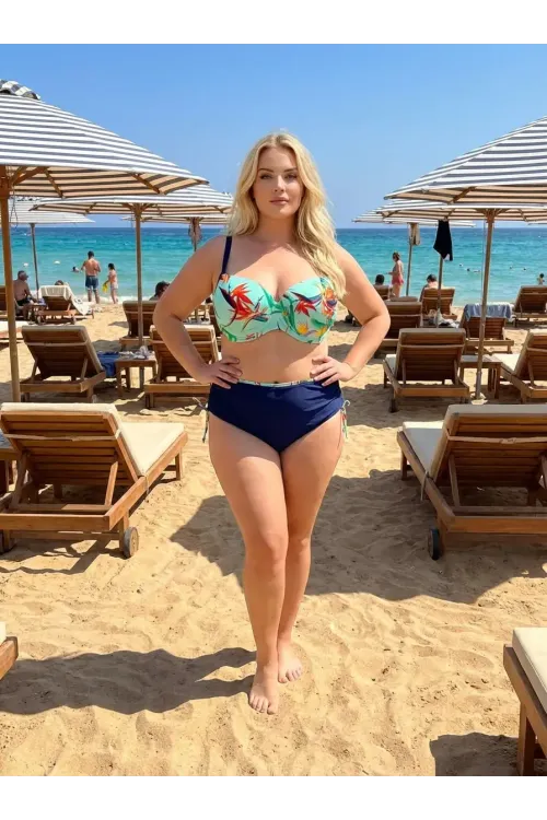 Kadın Turkuaz Lacivert Desenli Büyük Beden Astarlı Bikini Takım HZL25S-LC3327