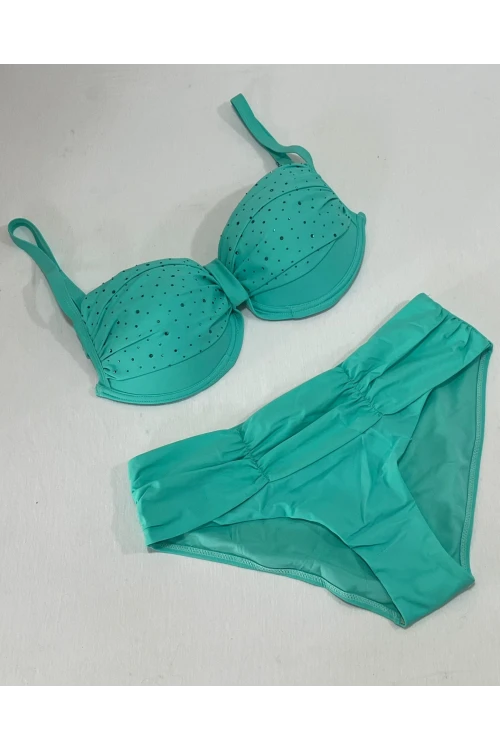 Kadın Turkuaz Taş İşlemeli Astarlı Büyük Beden Bikini Takımı HZL25S-LC01
