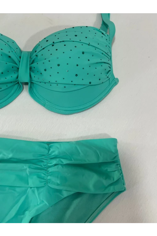 Kadın Turkuaz Taş İşlemeli Astarlı Büyük Beden Bikini Takımı HZL25S-LC01