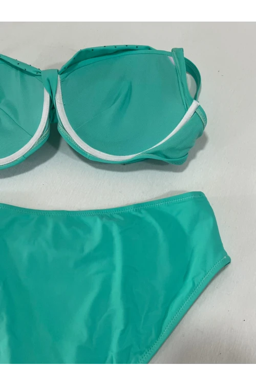 Kadın Turkuaz Taş İşlemeli Astarlı Büyük Beden Bikini Takımı HZL25S-LC01